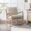 Solid Wood Rocking Chair Nursery Chair, Linen Fabric Upholstered Comfy Accent Chair for Porch, Garden Patio, Balcony, Living Room and Bedroom, Beige