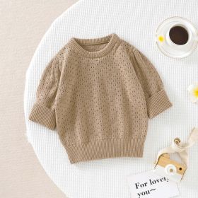 Baby Girl Solid Color Hollow Carved Design Cotton Sweater (Color: Coffee, Size/Age: 100 (2-3Y))