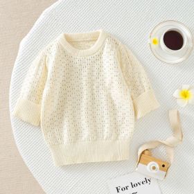 Baby Girl Solid Color Hollow Carved Design Cotton Sweater (Color: White, Size/Age: 90 (12-24M))