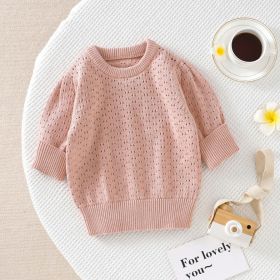 Baby Girl Solid Color Hollow Carved Design Cotton Sweater (Color: Pink, Size/Age: 90 (12-24M))