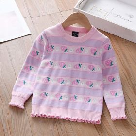 Baby Girl Strawberries Pattern Striped Design Pullover Knitted Sweater (Color: Light Pink, Size/Age: 110 (3-5Y))