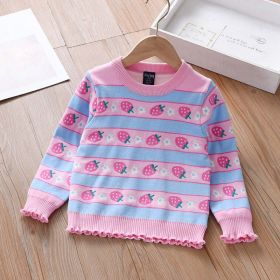 Baby Girl Strawberries Pattern Striped Design Pullover Knitted Sweater (Color: Pink, Size/Age: 120 (5-7Y))