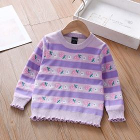 Baby Girl Strawberries Pattern Striped Design Pullover Knitted Sweater (Color: Purple, Size/Age: 120 (5-7Y))